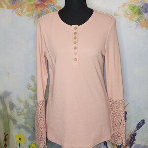 Women's Blush Pink Long Sleeve Top With Lace Sleeves & Button Henley